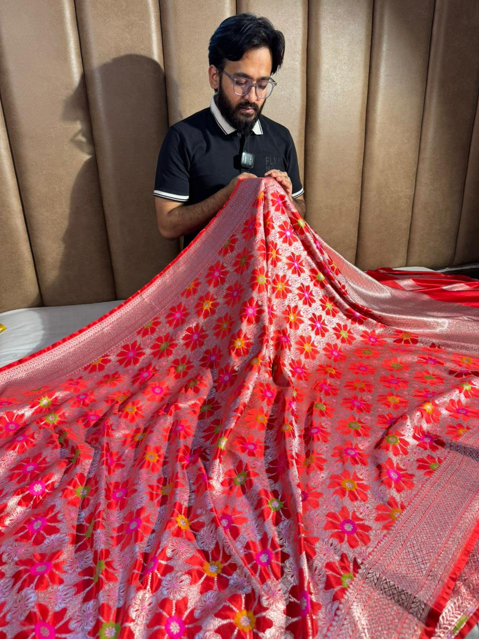 Bridal Red Mashru Katan Silk Eccentric Meenakari Banarasi Saree