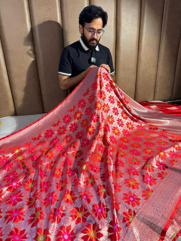 Bridal Red Mashru Katan Silk Eccentric Meenakari Banarasi Saree