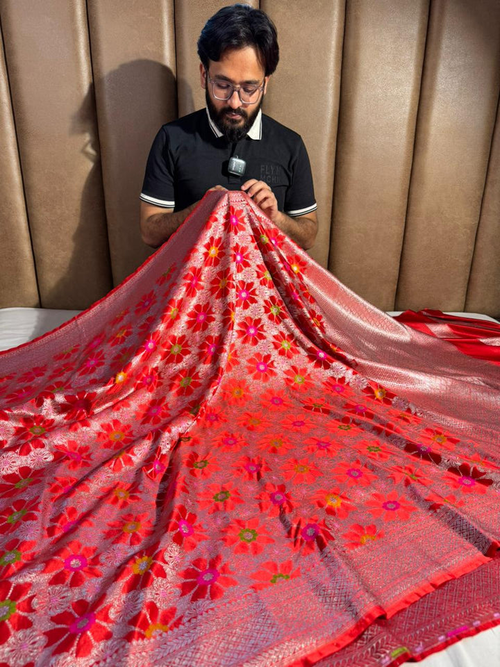 Bridal Red Mashru Katan Silk Eccentric Meenakari Banarasi Saree