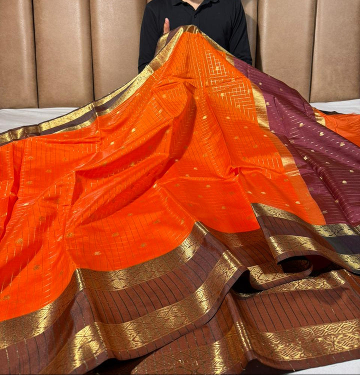 Orange checks buti softsilk Banarasi saree