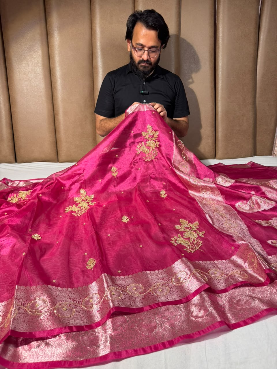 Rani Pink Kora Tissue Intricate Handwork Banarasi Saree