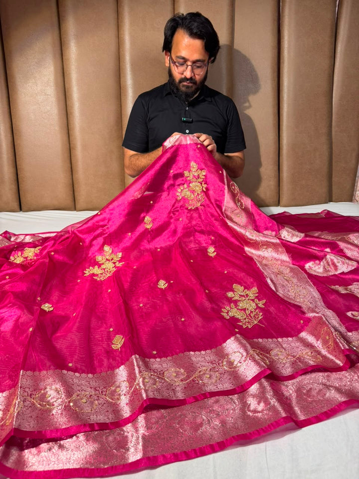 Rani Pink Kora Tissue Intricate Handwork Banarasi Saree