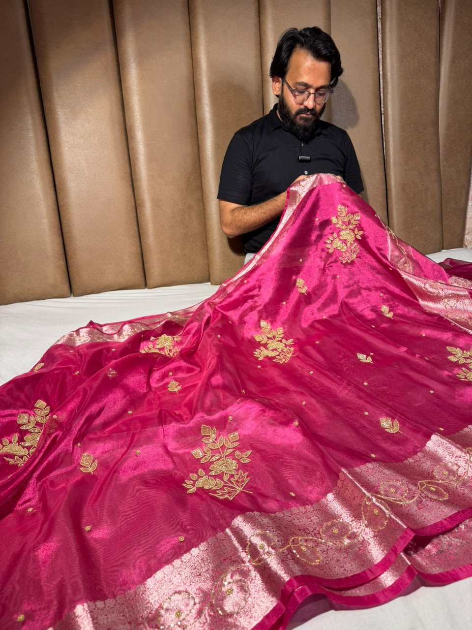 Rani Pink Kora Tissue Intricate Handwork Banarasi Saree