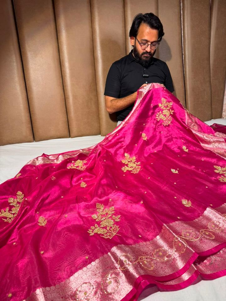 Rani Pink Kora Tissue Intricate Handwork Banarasi Saree