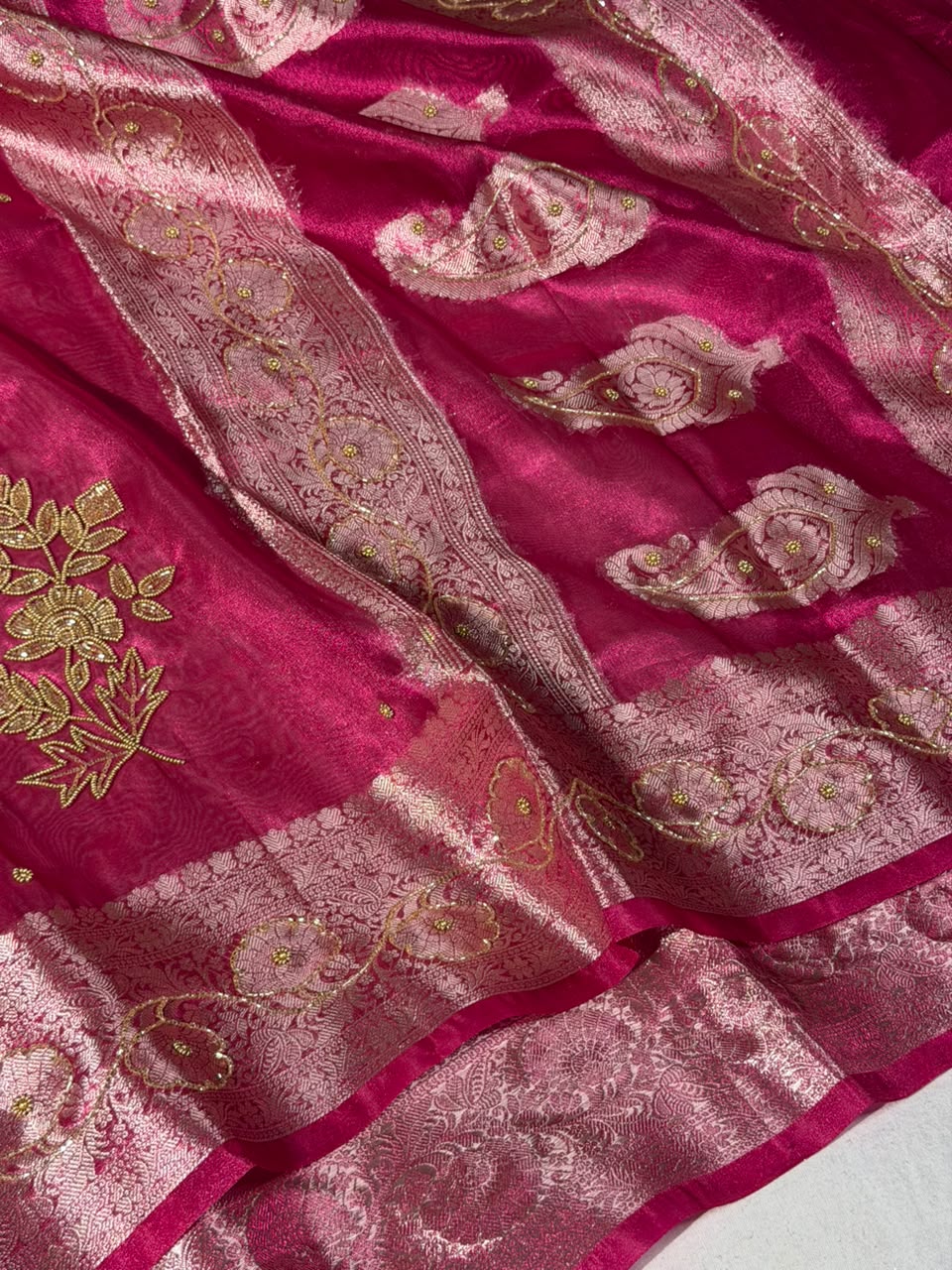 Rani Pink Kora Tissue Intricate Handwork Banarasi Saree