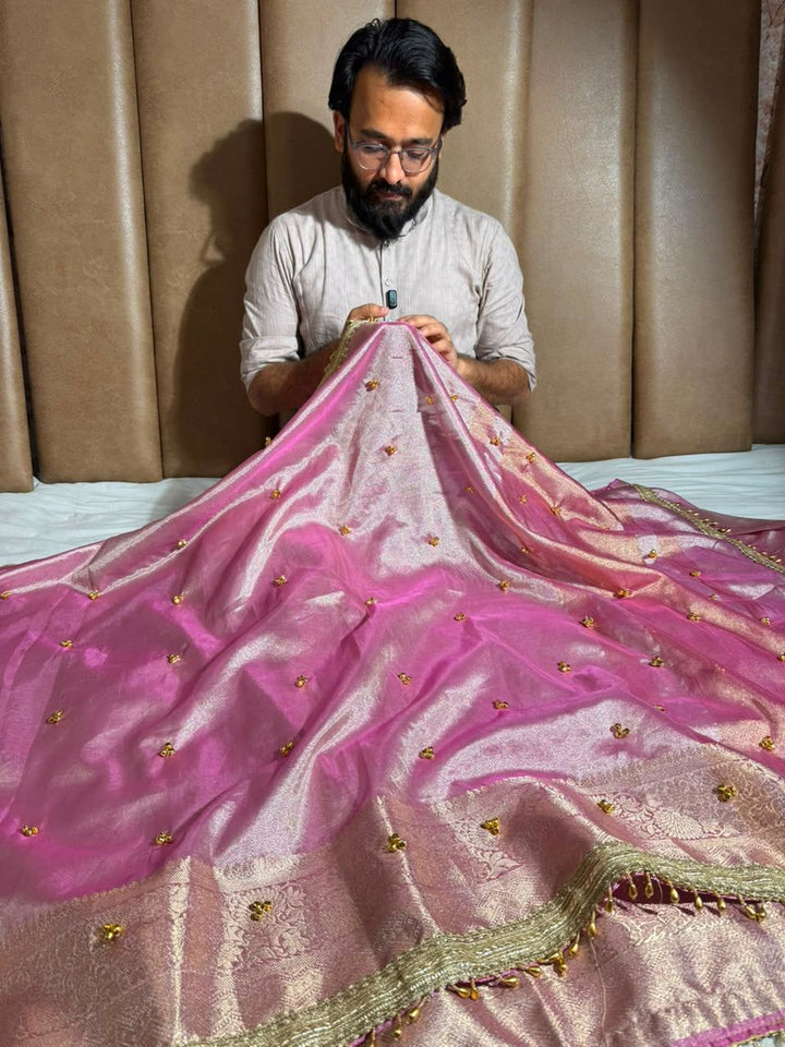 Barbie Pink Tissue Silk Viral Ghungroo Saree