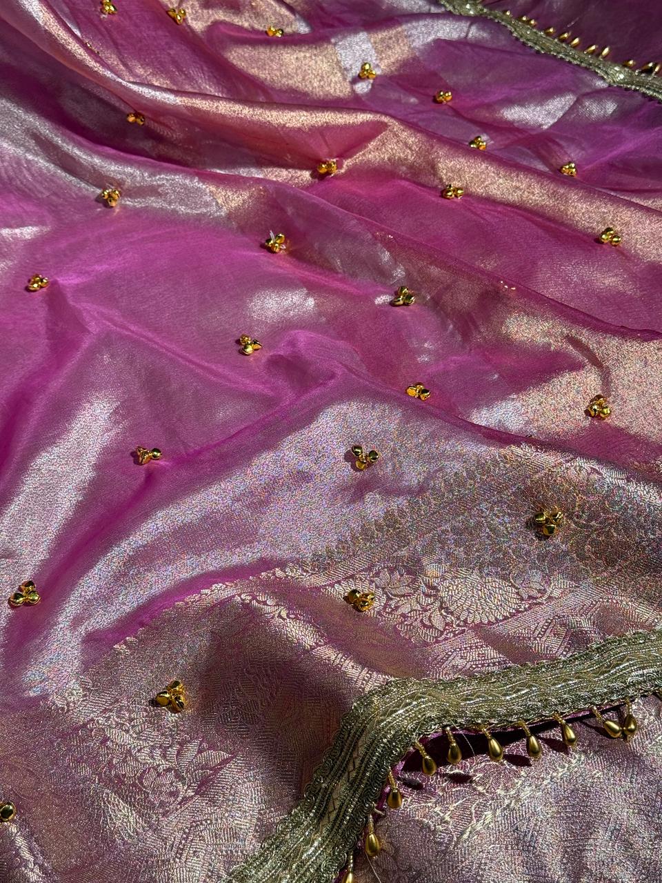 Barbie Pink Tissue Silk Viral Ghungroo Saree