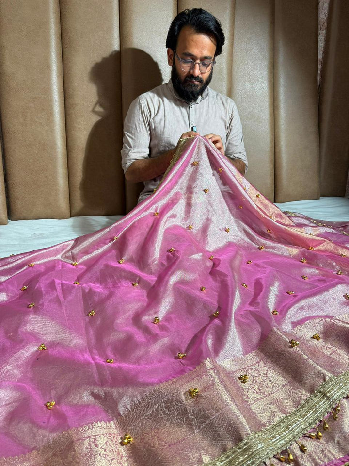 Barbie Pink Tissue Silk Viral Ghungroo Saree