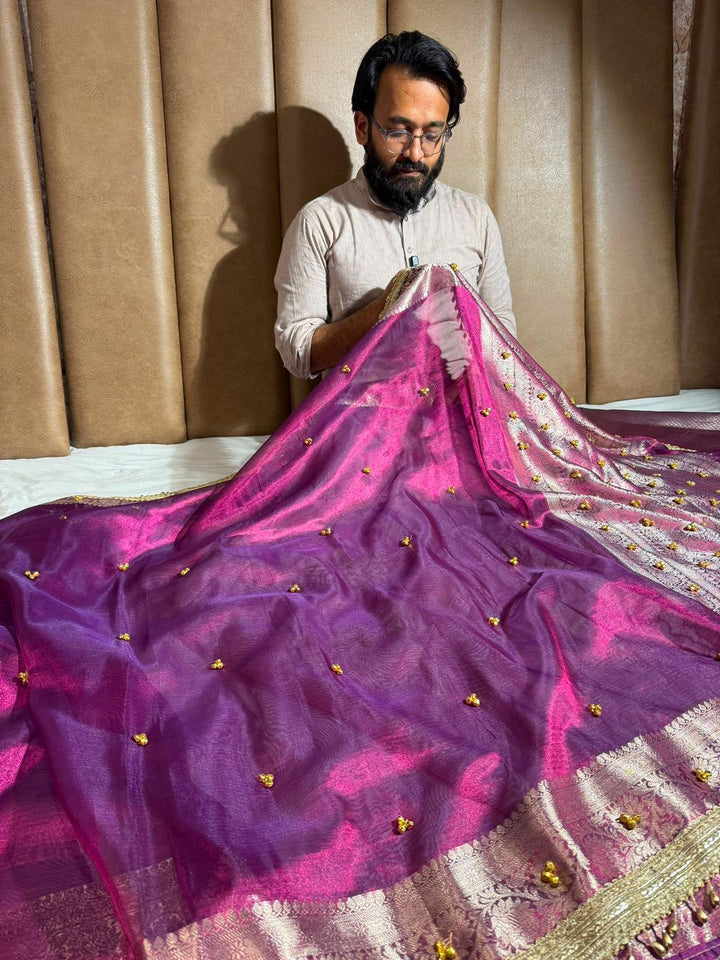 Metallic Violet Kora Tissue Viral Ghungroo Saree