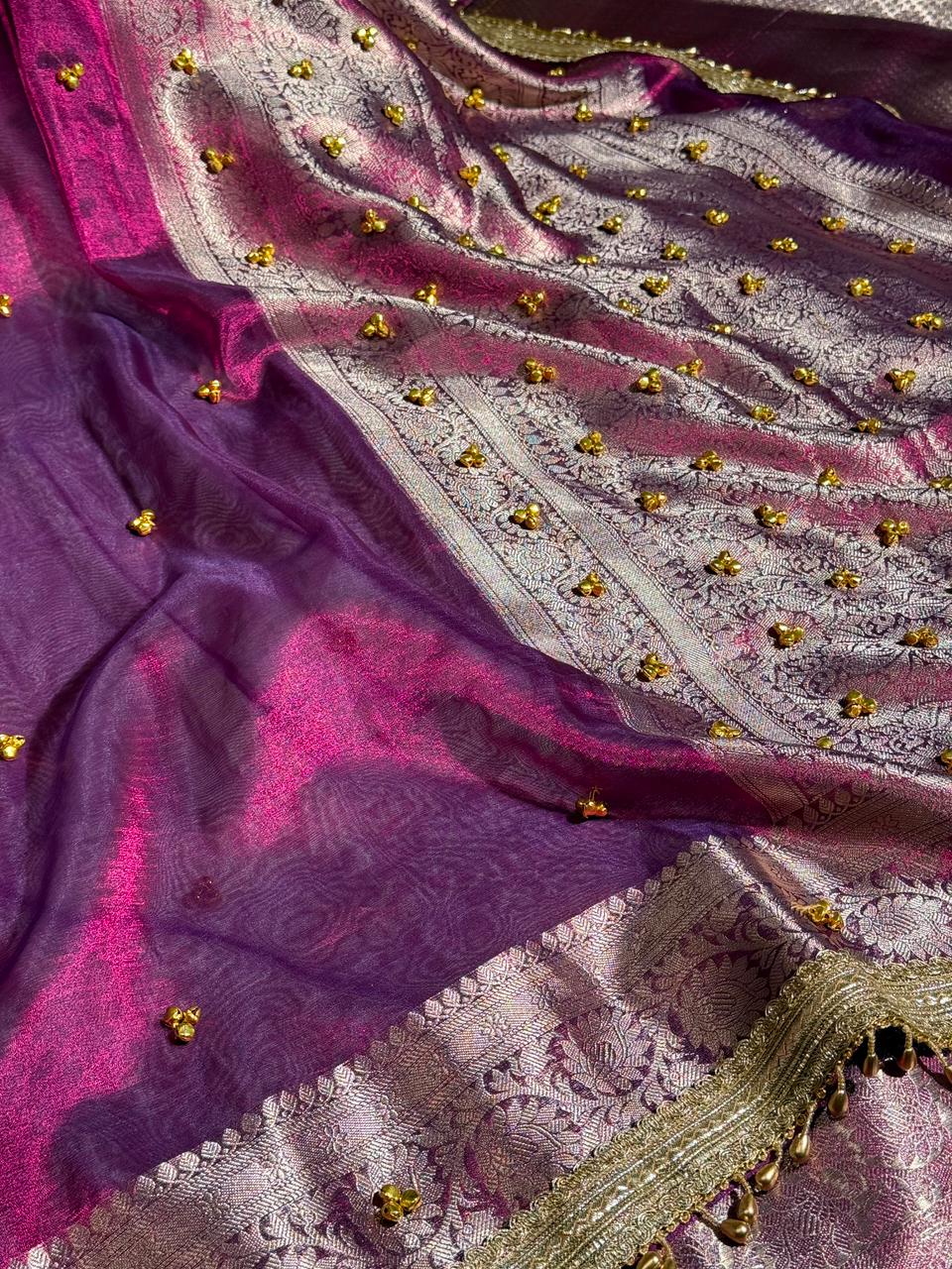Metallic Violet Kora Tissue Viral Ghungroo Saree