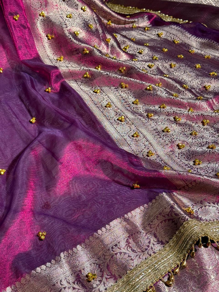 Metallic Violet Kora Tissue Viral Ghungroo Saree