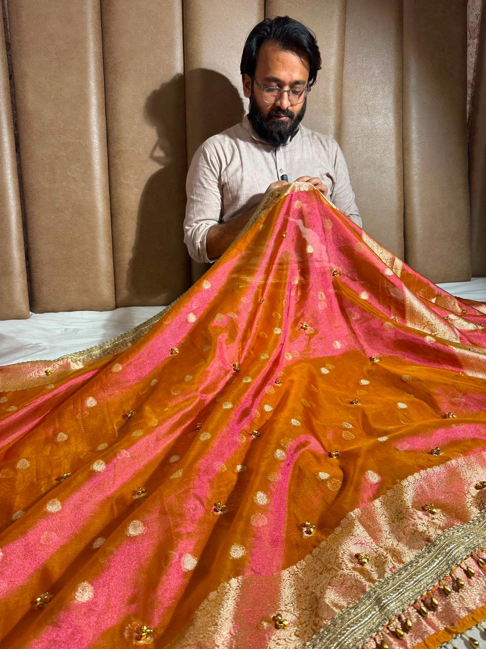 Rani Orange Dhoop Chaon Tissue Ghungroo Saree
