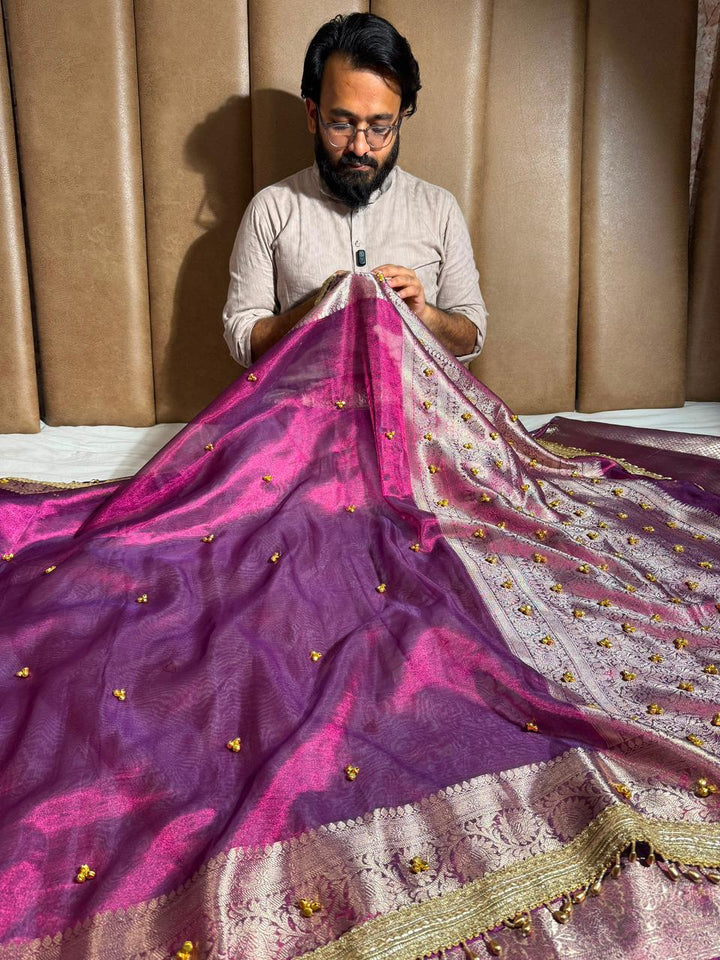 Metallic Violet Kora Tissue Viral Ghungroo Saree