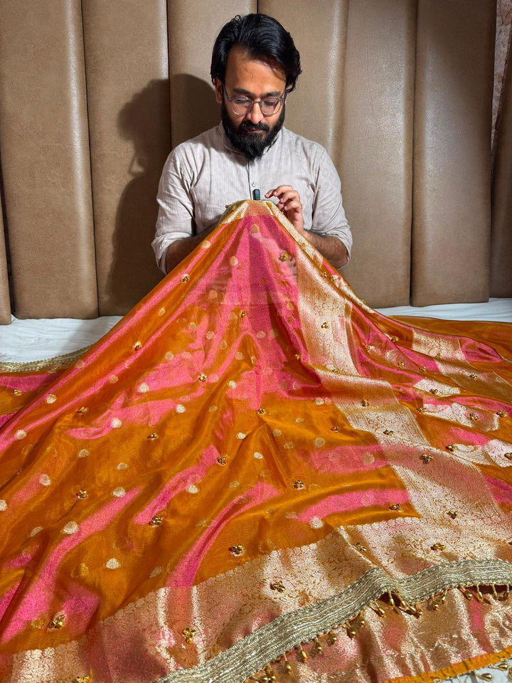 Rani Orange Dhoop Chaon Tissue Ghungroo Saree
