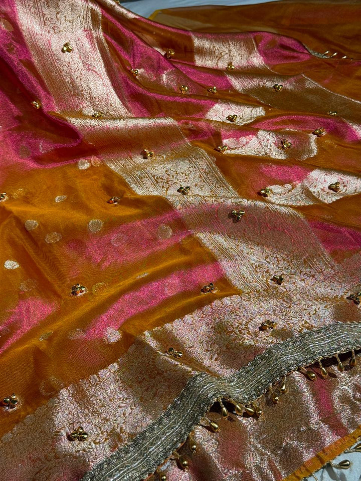 Rani Orange Dhoop Chaon Tissue Ghungroo Saree