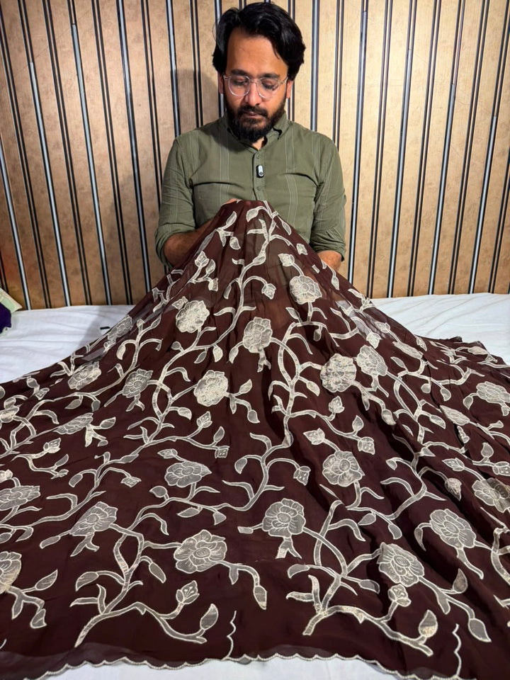 Light brown Khaddi Georgette Appliqué Work Saree