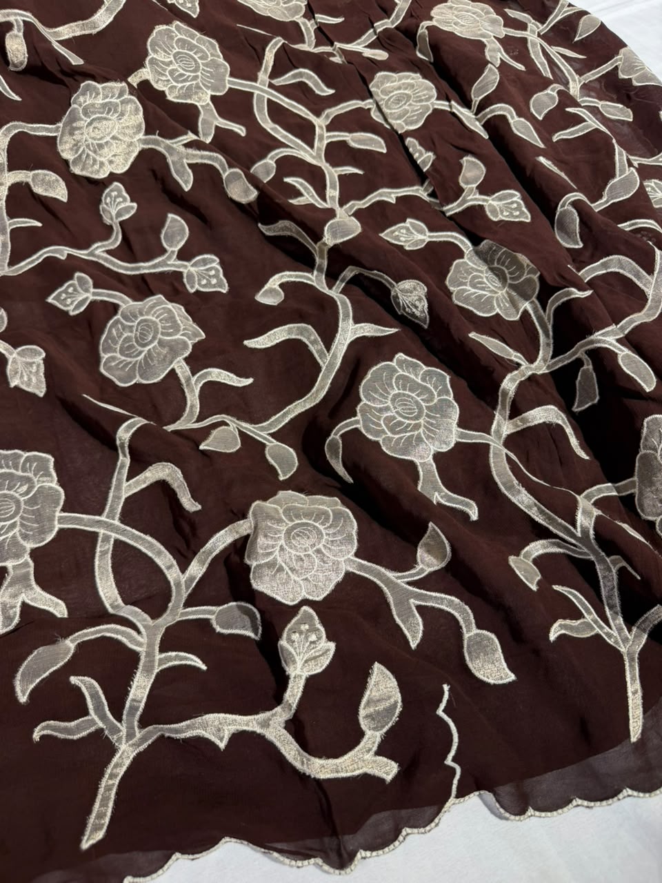 Light brown Khaddi Georgette Appliqué Work Saree