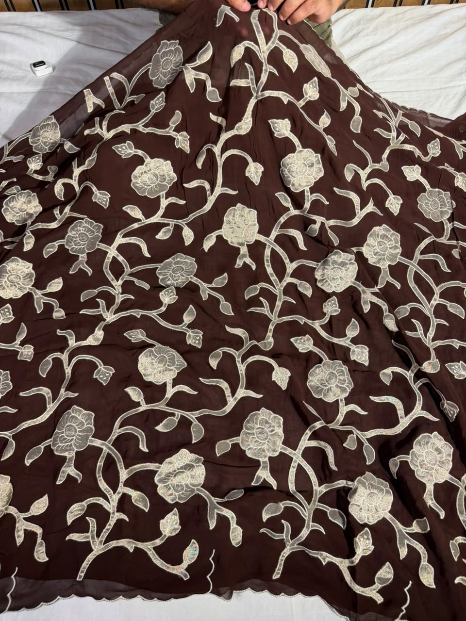 Light brown Khaddi Georgette Appliqué Work Saree