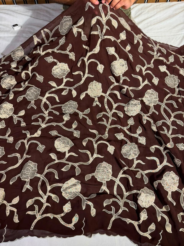 Light brown Khaddi Georgette Appliqué Work Saree