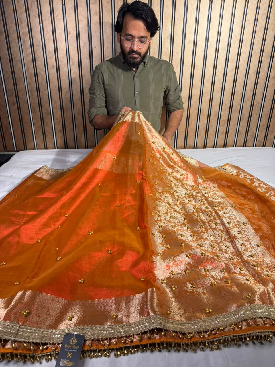 Dhoop Chaon Orange  Viral Ghungroo Work Tissue Saree