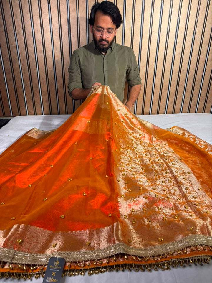 Dhoop Chaon Orange  Viral Ghungroo Work Tissue Saree