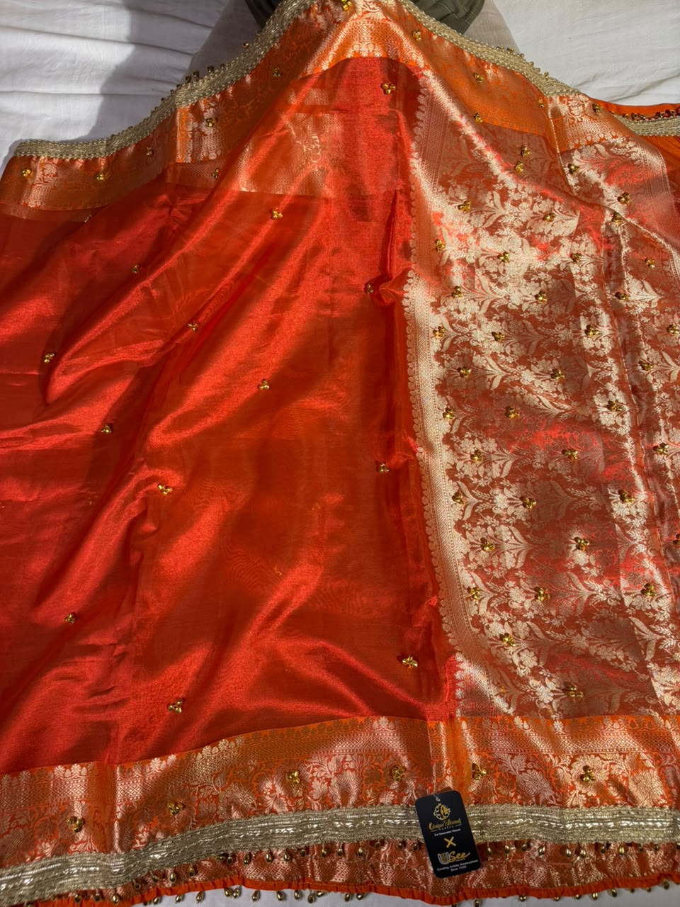 Dhoop Chaon Orange  Viral Ghungroo Work Tissue Saree