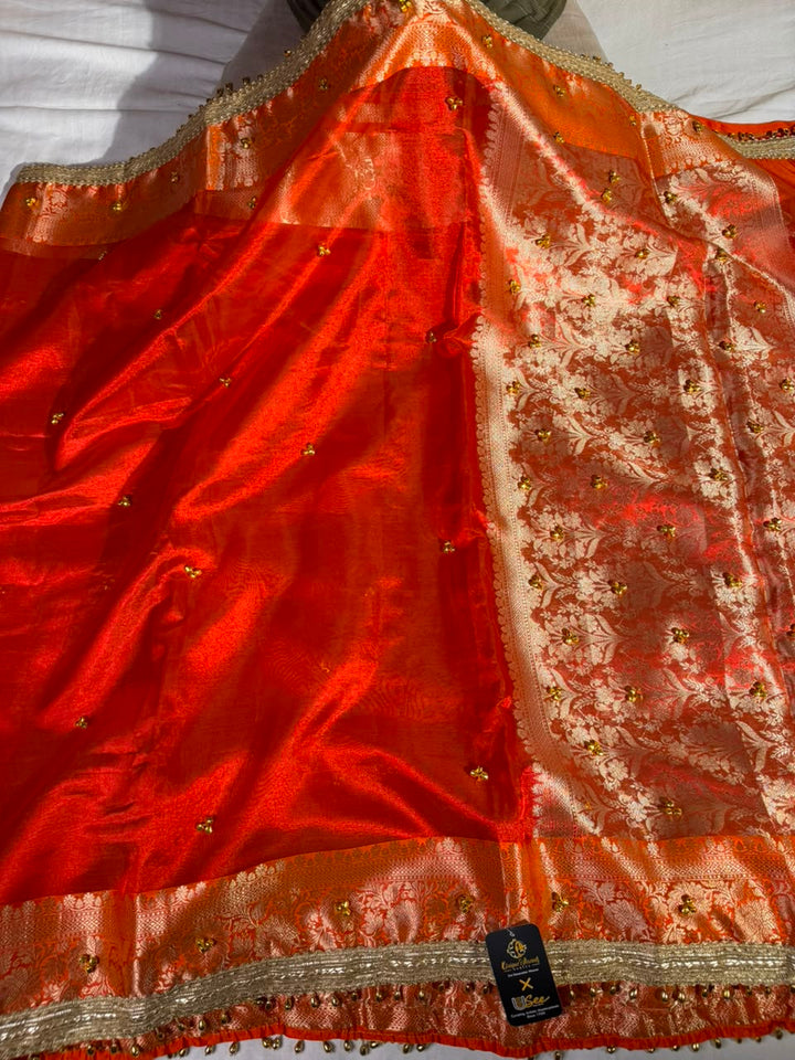 Dhoop Chaon Orange  Viral Ghungroo Work Tissue Saree
