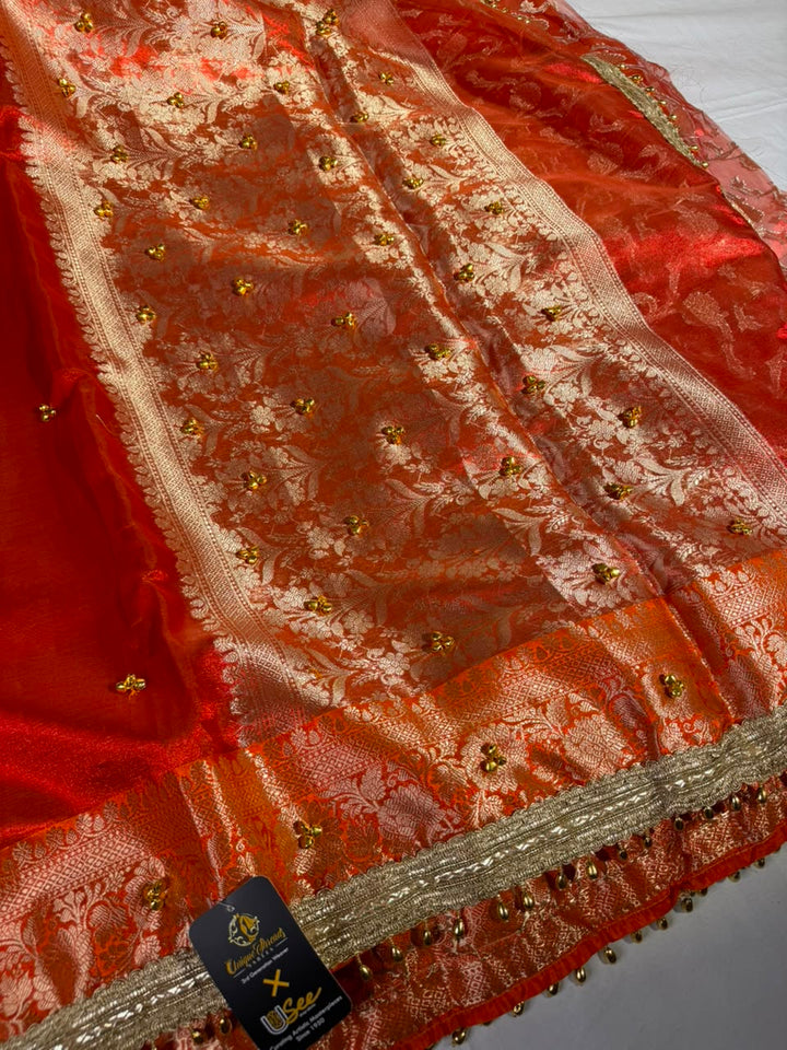 Dhoop Chaon Orange  Viral Ghungroo Work Tissue Saree