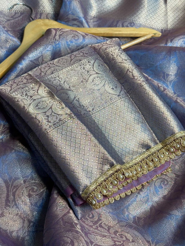 Dual Tone Glass Tissue Silk Saree with Motilace Work and Rich Pallu