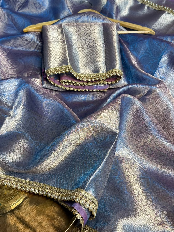 Dual Tone Glass Tissue Silk Saree with Motilace Work and Rich Pallu