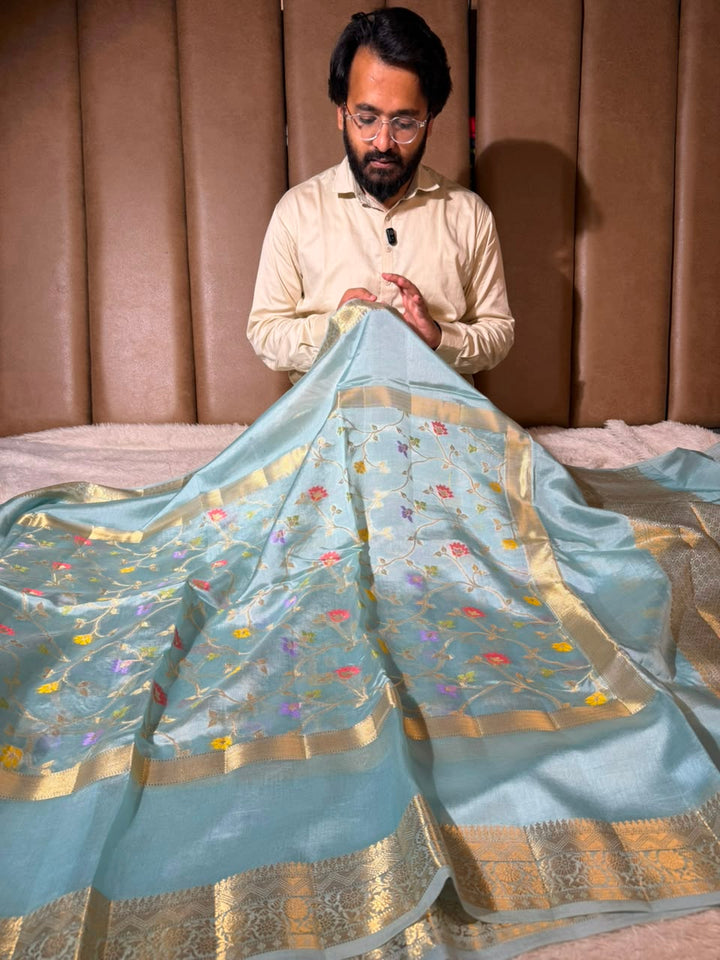 Sea Blue Contemporary Pure Mango Silk Banarasi Saree