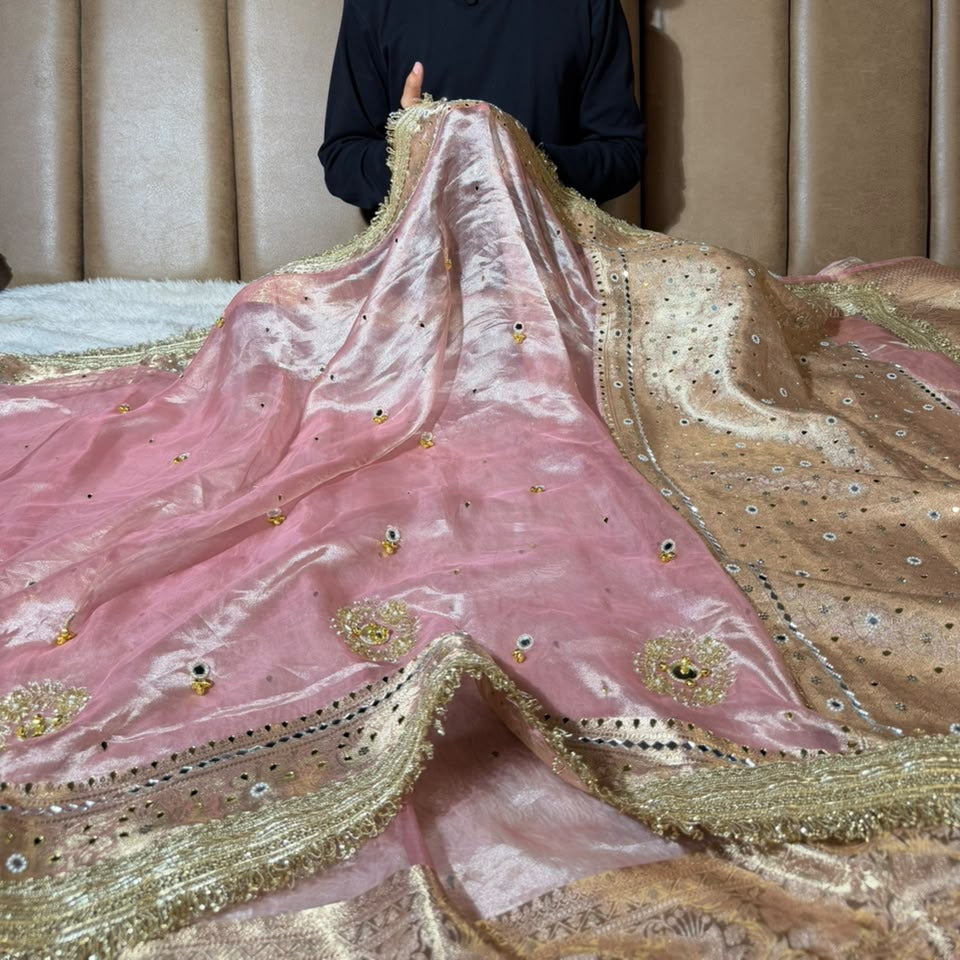 Pretty Pink Pure Tissue Silk Mirror Ghungroo Saree
