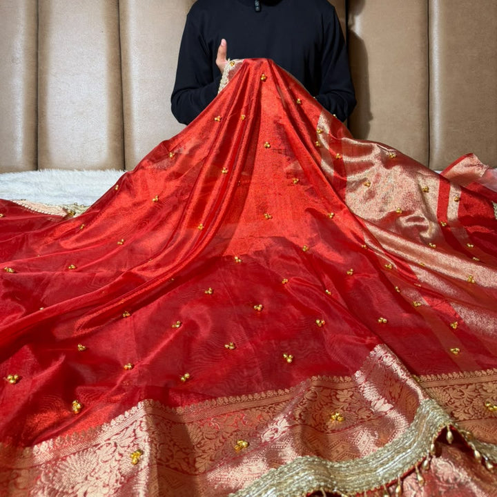 Carmine Red Tissue Silk Ghungroo Work Saree