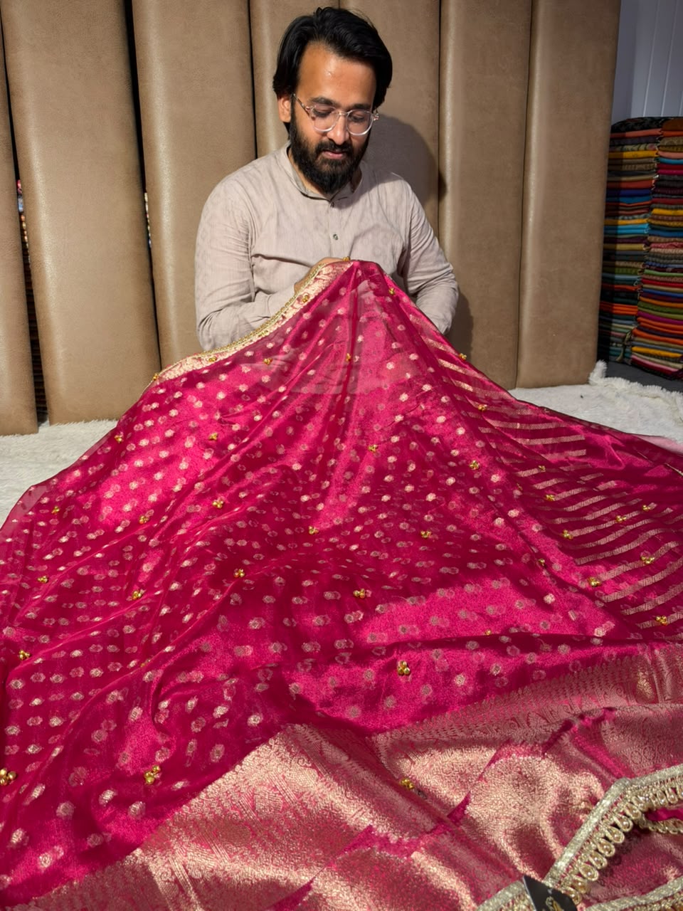 Rani Pink Tissue Silk Hand Ghungroo Work Saree