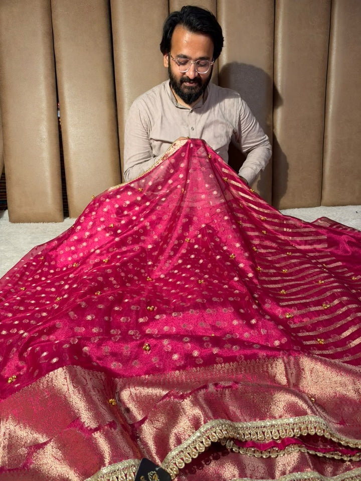 Rani Pink Tissue Silk Hand Ghungroo Work Saree