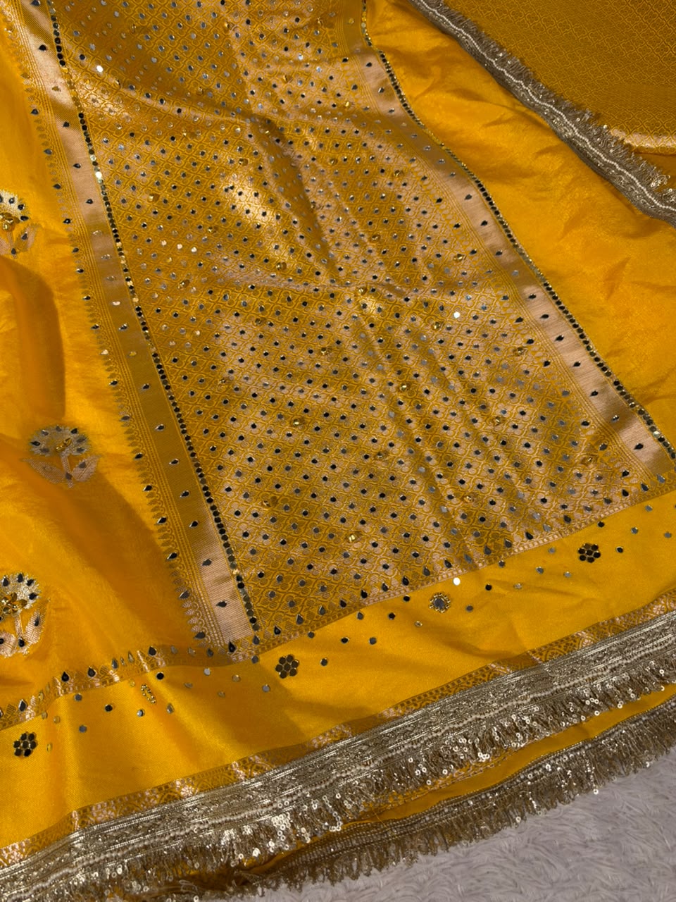 Yellow Soft Georgette Ghungroo Mirror Work Saree