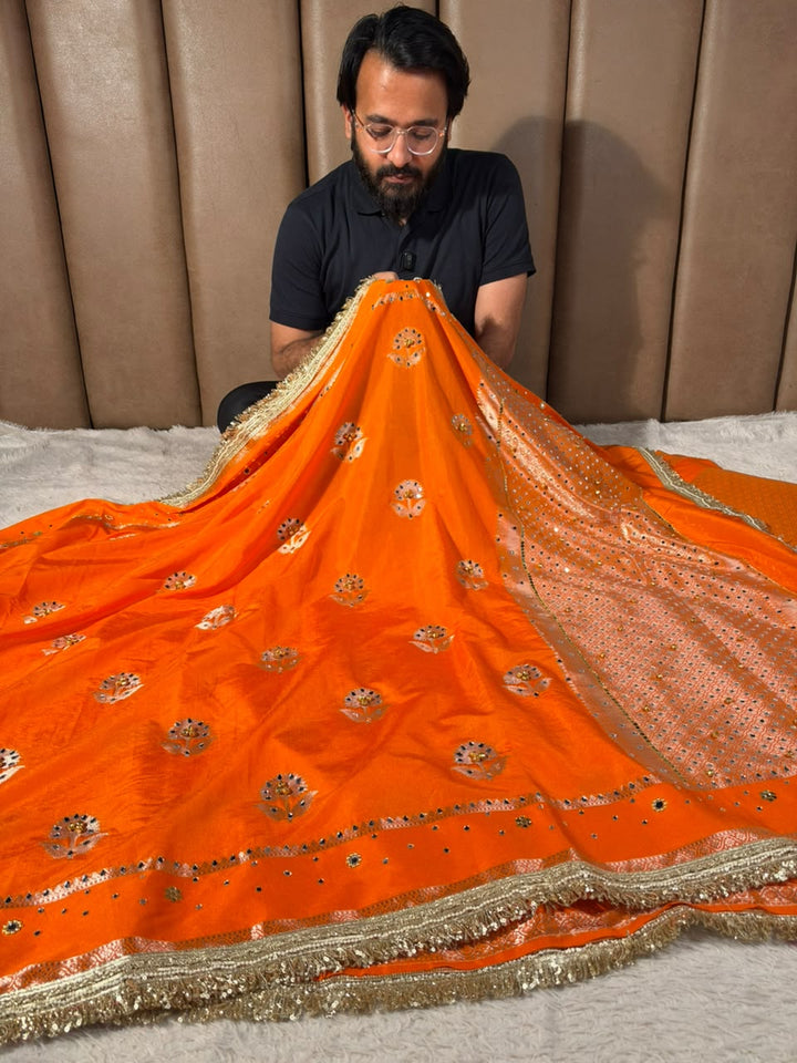 Bright Orange Chinia Silk Ghungroo Mirror Work Saree