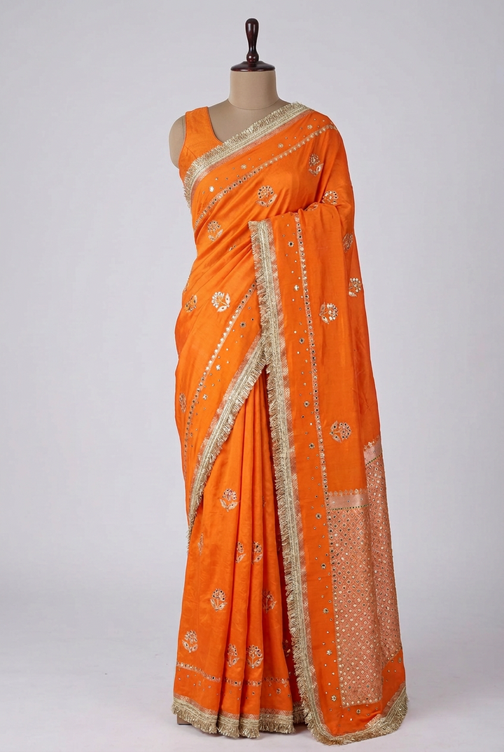 Bright Orange Chinia Silk Ghungroo Mirror Work Saree