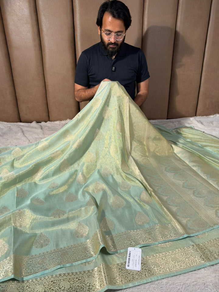 Sea Green Breathable Katan Tissue Banarasi Saree
