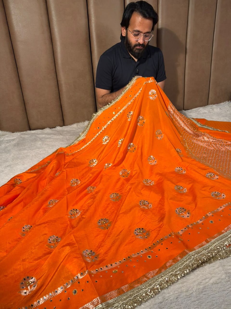 Bright Orange Chinia Silk Ghungroo Mirror Work Saree