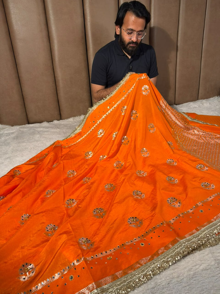 Bright Orange Chinia Silk Ghungroo Mirror Work Saree