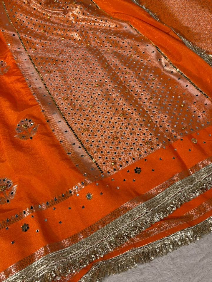Bright Orange Chinia Silk Ghungroo Mirror Work Saree