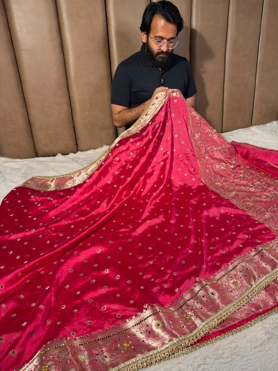 Rani Pink Soft Georgette Ghungroo Mirror Work Saree