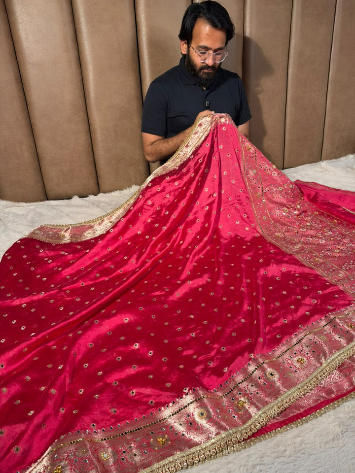 Rani Pink Soft Georgette Ghungroo Mirror Work Saree