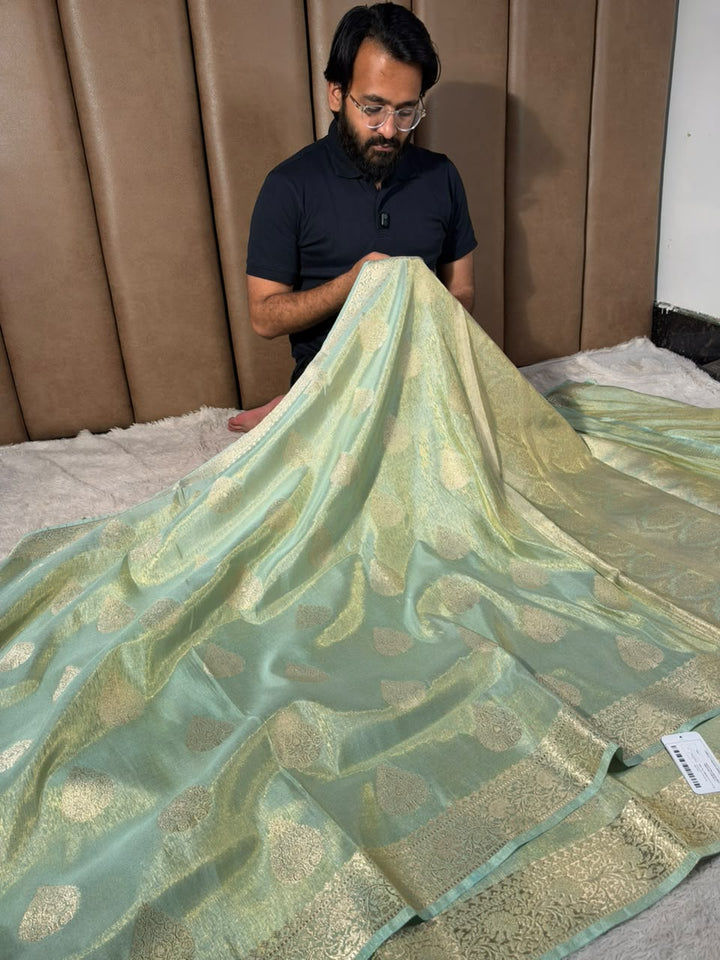 Sea Green Breathable Katan Tissue Banarasi Saree