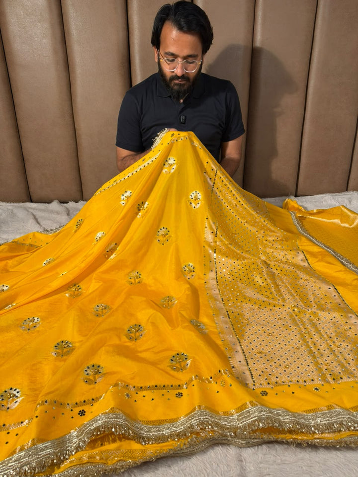 Yellow Soft Georgette Ghungroo Mirror Work Saree