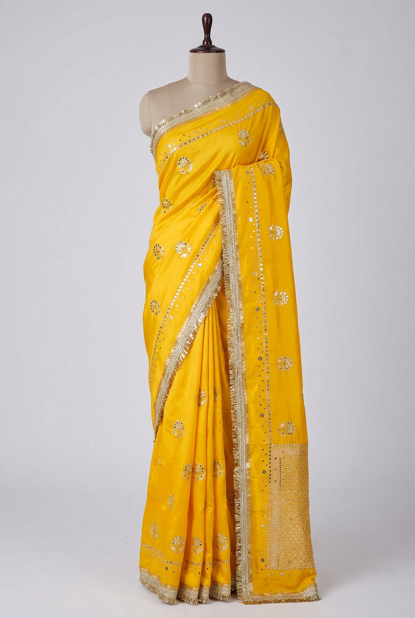 Yellow Soft Georgette Ghungroo Mirror Work Saree