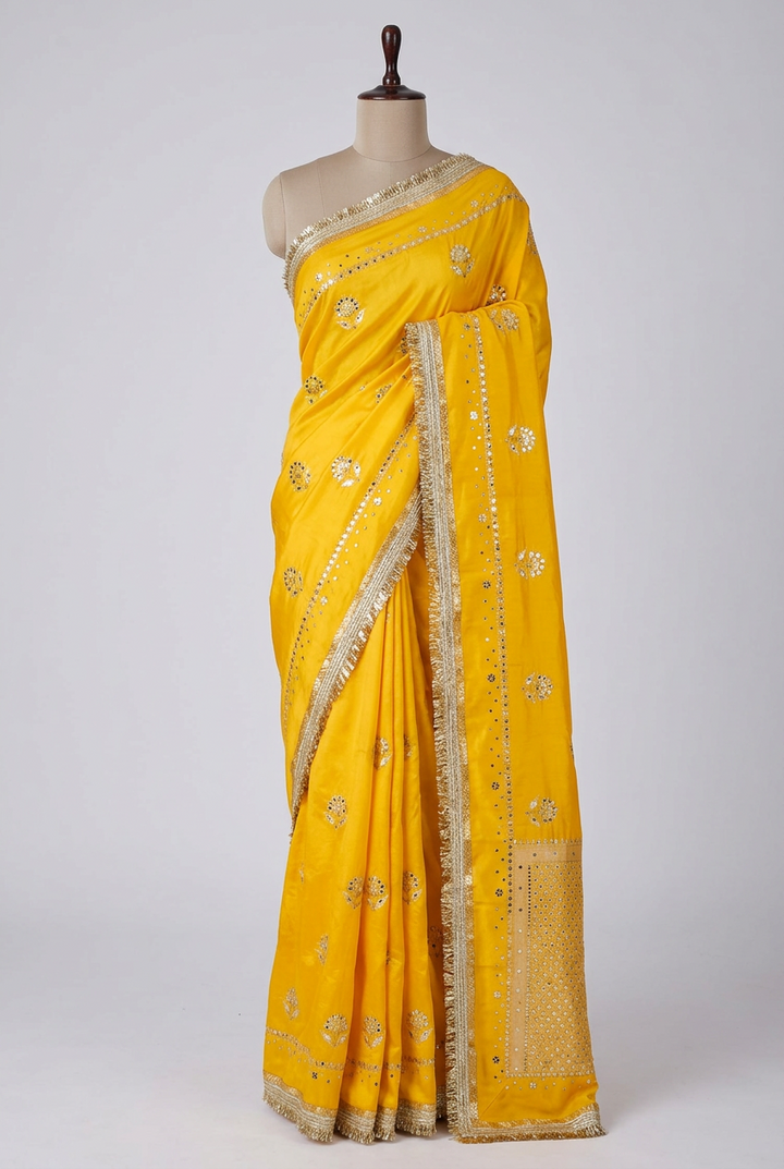 Yellow Soft Georgette Ghungroo Mirror Work Saree