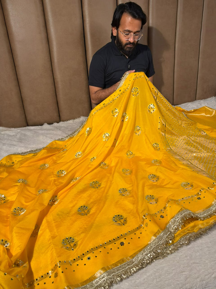 Yellow Soft Georgette Ghungroo Mirror Work Saree