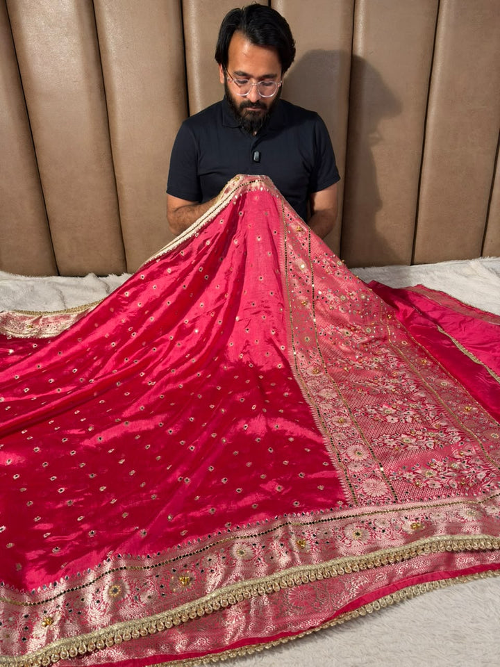 Rani Pink Soft Georgette Ghungroo Mirror Work Saree